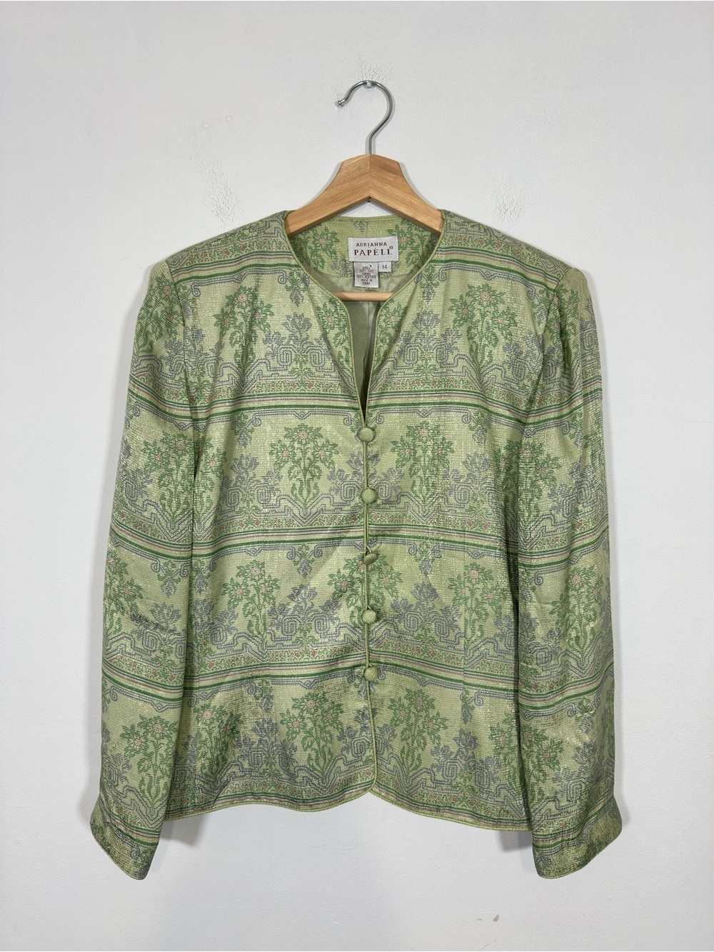 VTG Adrianna Papell Artsy Silk Floral Jacket Sz 14 Green Eclectic Teacher Office